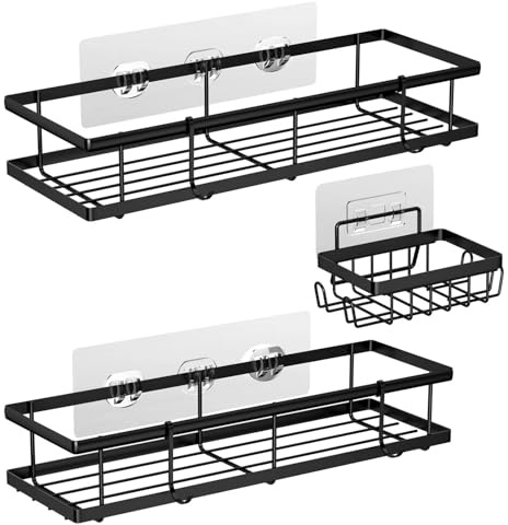 Crynvor 3 Piezas Estante Ducha Resistente al Oxido, Estanteria Ducha Sin Taladro con 4 Ganchos, Estanteria Baño Sin Tornillos, Repisas para Baño, Cesta Ducha Colgar para Baño, Cocina, Aseo(Negro)