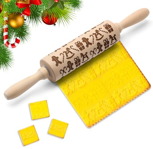Jul präglad kavel kavel kavel med mönster, kavel med mönster, kavel med mönster, 3D trä kavel bakningstillbehör för bakning av bakverk, kakor, kex, fondant