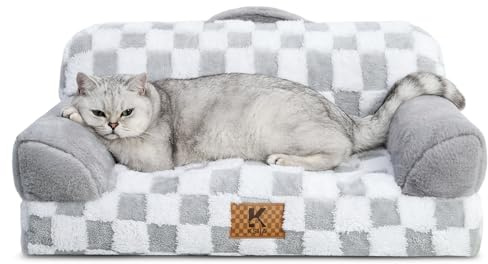 KSIIA Orthopädisches Katzenbett Flauschig 66x37cm, Abnehmbar Katzensofa Hundebett Waschbar, Hundesofa für Kleine Hunde mit Rutschfester Unterseite, Hundecouch mit Rückenlehne und Armlehnen, Grau