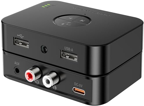 Boannice Récepteur Audio Bluetooth 6.0 avec Port de Charge USB, Sortie Synchrone Dual-Link et AUX/RCA, Microphone Ultra-Clair à Réduction de Bruit, Fonctionnalité de Lecture de Clé USB