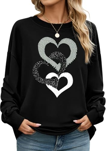CMTOP Felpa Donna Stampata Maglia Casual Senza Cappuccio Maglietta Primaverile Autunnale a Maniche Lunghe Pullover con Orlo a Coste in Tinta Unita T-Shirt Moda Stile Sport Basic(Nero-A, M)