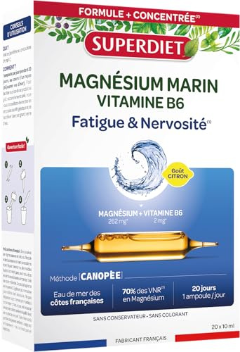 SUPERDIET - Magnésium Marin et Vitamine B6 - Réduction de la fatigue, Bon fonctionnement du système nerveux-Goût citron-20 ampoules de 10ml