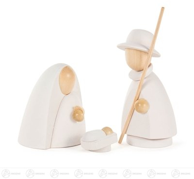 Rudolphs Skattkista, krubbfigurer, helig familj, modern – 3 figurer – natur/vit – träfigurer – höjd ca 11 cm – Erzgebirge – ny