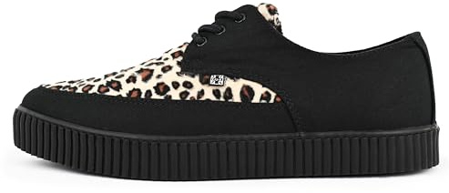 T.U.K. Pointed Creeper Sneakers - Zapatos Hombre y Mujer - Color Black Canvas and Leopard Print - Estilo Punk Gótico y Rockero Zapatillas de Lona y Gamuza con Cordones - Talla EU38