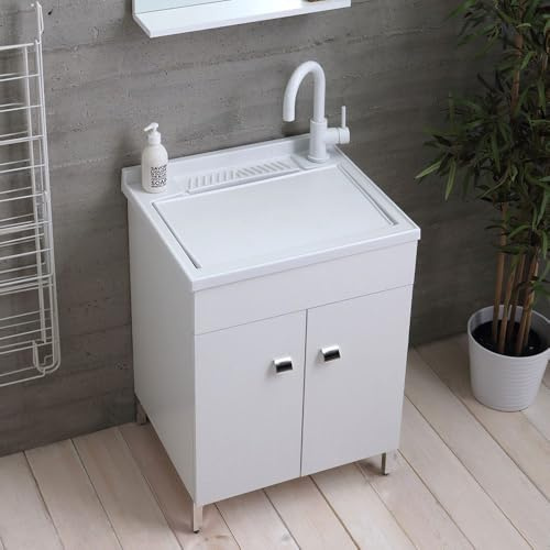 Kiamami Valentina - Mueble lavadero 60cm blanco con 2 puertas, lavabo con tabla extraíble | Pratico