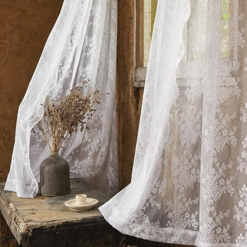 YJ YANJUN Set di 2 tende trasparenti bianche, lunghe 274 cm, ricamate, extra lunghe, in voile di pizzo, per patio, porta scorrevole, privacy