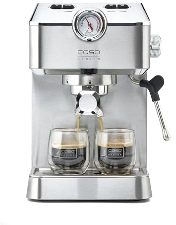 Caso Espresso Gourmet - Siebträgermaschine aus Edelstahl, leistungsstarke 19 bar Ulka-Pumpe, mit Milchaufschäumer, für Kaffeepulver oder ESE Kaffeepads, für 2 Tassen, mit Tassewärmeplatte