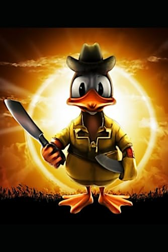 Luiza the duck with a knife against the background of the setting sun: The yellow duck called Louise is holding a knife and is in a fighting mood