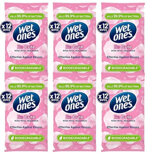 Wet Ones (Be Cute) - Antibacterial Hand Wipes - Dermatologically Tested, Biodegradable Wet Wipes Ideal for Travel - 6 Packs of 12 Wipes (72 Wipes) - In Axpower Technology Empowering Box Packaging