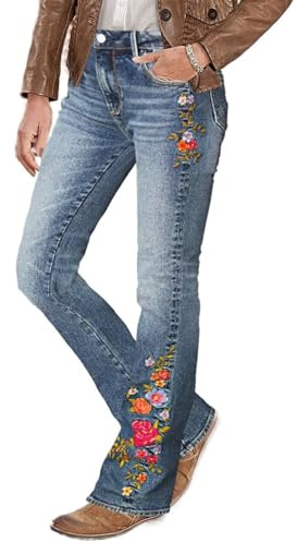 Flamingals Women's Floral Embroidery Mid Waist High Stretch Bootcut Jeans with Pockets Sky Mid Blue XL