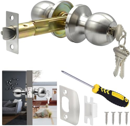 TPard Pomo de puerta de entrada con llave de 5 pulgadas con cerradura y llave, juego de pomos de bola de entrada con interfaz cuadrada estándar, níquel satinado