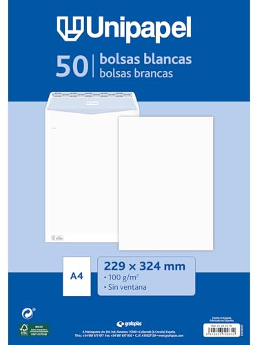 Unipapel - Sobres Papel Blancos 100g, 229x324mm, 50 Unidades, Tipo Bolsa, Tira Autoadhesiva Silicona Autodesk, Apertura Superior, FSC, Documentos A4 Sin Pliegues