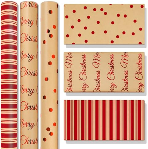 Niviy Papel de Regalo Rojo Navidad 3 Rollos 43x300cm Kraft Superficie Chapada en Oro Adecuado para Navidad y Año Nuevo