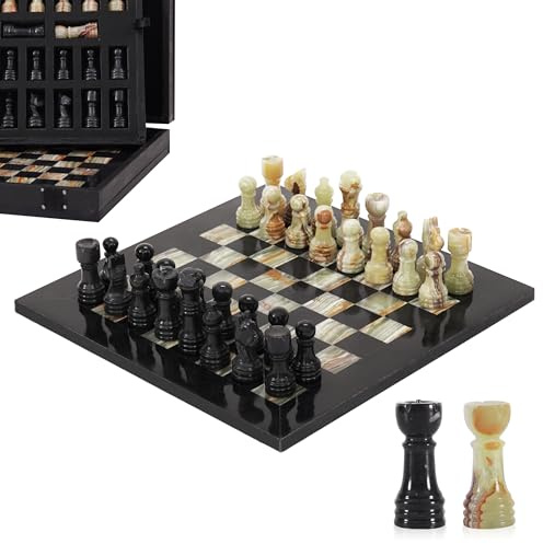 Jeu d'échecs en marbre pour Adultes - 25,4 cm - Fait à la Main - Onyx Noir et Vert - avec 32 pièces d'échecs, 2 Reines supplémentaires et boîte de Rangement - Jeu de Voyage de Luxe - Cadeau élégant