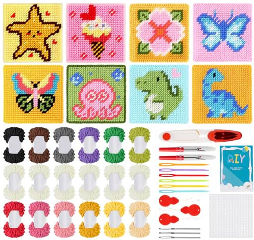 ilauke Kreuzstich Set, Stickerei Kit für Anfänger, 8 Stück Kunststoffleinwänden mit 18 Farbigen Fäden, 9 Sticknadeln, 3 Nadeleinfädlern, 2 Nahttrennern, Anleitung für DIY Kunst Handwerk Nähen