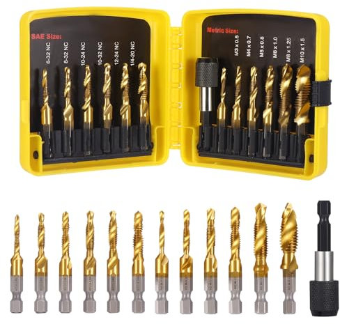 HSEAMALL 13pcs Combination Drill Tap Bit Set, Screw Tapping Threading Tools SAE 6-32NC to 1/4-20NC,Metric M3 to M10 Thread Taps with Quick Change Adapter
