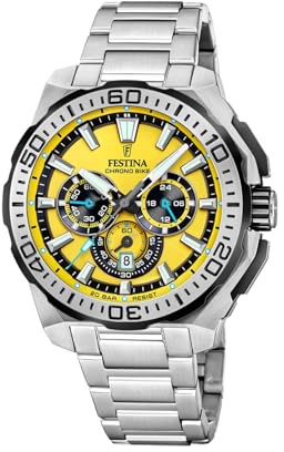 FESTINA Reloj Hombre Analógico de Acero Inoxidable 316l Plateado - Movimiento de Cuarzo - Cronógrafo - Calendario - Cristal Mineral de Alta Resistencia - Resistente al Agua 20 ATM F20724/4 Chrono Bike