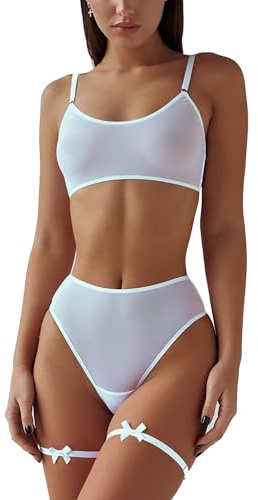Malla Conjuntos de Sujetador, Tanga y Liguero para Mujer Sexy Transparente Conjunto de Lencería Set de Sujetador Push up Fino y Braguita de Encaje Tanga 2 Piezas Sencillo Ropa Interior Erótico