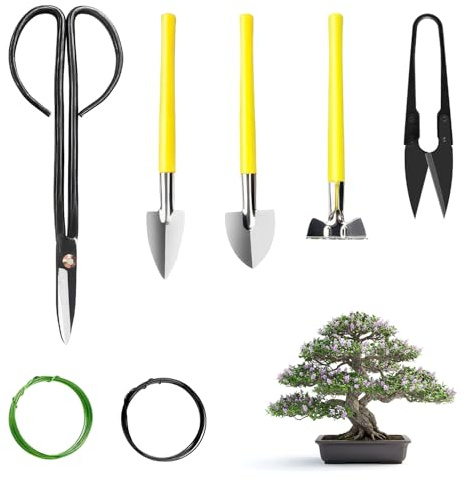 Set di Attrezzi per Bonsai 7 Pezzi, Include Forbici Lunghe, Tagliafoglie, Palette, Rastrello e Filo in Alluminio 5m, Acciaio Inossidabile Antiruggine