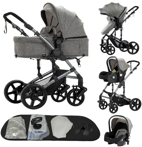 carrito bebe 3 en 1,cochecito reversible,con estructura triangular y suspensión de doble resorte,plegable con un solo clic para recién nacidos y niños pequeños(gris)