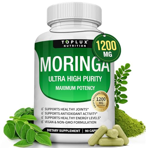 Toplux Moringa Capsules 1200mg – Pure Moringa Powder High Potency Leaf Extract Green Superfood Rich in Antioxidant, for Energy & Immune Support, Vegan Non-GMO 90 Capsules