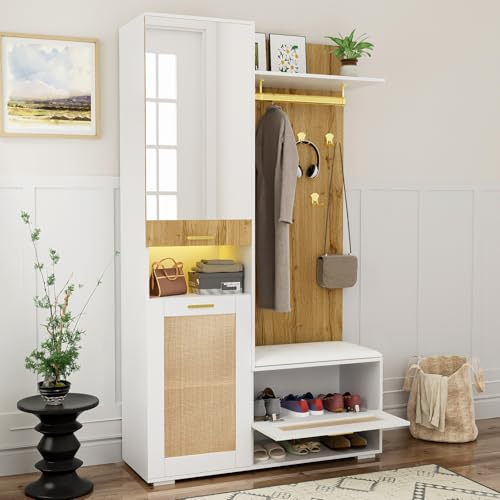 OLIVIBED Juego de armario con espejo, juego de 5 ganchos y puertas, perchero compacto con cajones, zapatero con barra para colgar y LED, color madera + blanco, 110 x 38 x 190 cm