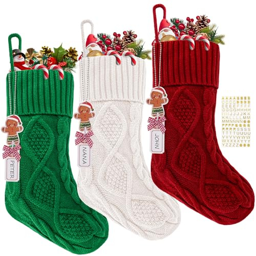 Personalized Christmas Stockings,18 Inches Hanging Stockings with DIY Gingerbread Man Name Tags,Large Size Knitted Christmas Stockings for Mantels,Xmas Tree Family Holiday Decor-3 Pack-Red,Green,White