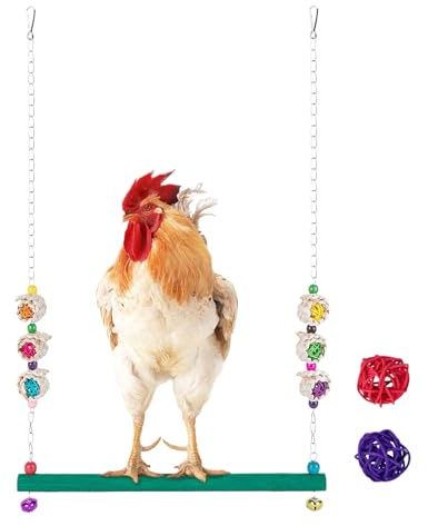 Mppchhn Balançoire Poule pour Poulailler avec Clochette, pour Oiseaux avec 2 Billes en Rotin | Perchoir en Bois pour Perruche Mainate Calopsitte Pinson Coq Volaille Jeu Repos Enrichissement