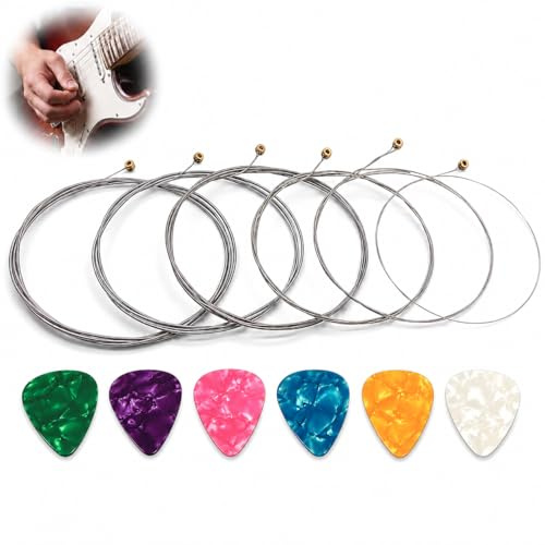 6 Pcs Electric Guitar Strings, Super Slinky Guitar Strings 9-42 with 6 Guitar Pick, Nickel Wound Steel Ball Guitar Strings Replacement for Electric Acoustic Guitar Performers Beginners