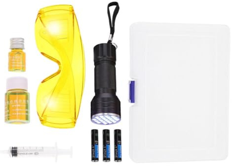 Kit de detección de fugas para sistema HVAC con linterna UV, tinte fluorescente, baterías, gafas y caja de almacenamiento para aire acondicionado de coche, refrigeración del hogar y refrigerador