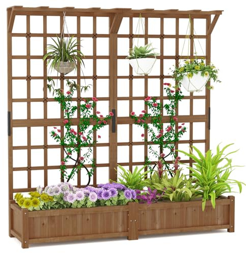 COSTWAY Jardinera de Madera con Enrejado, Macetero de Jardín con Techo Colgante, 2 Cajas, Cama de Jardín Elevada con Placa Inferior Removible para Plantas Trepadoras, Flores, 180x48x183 cm (Café)