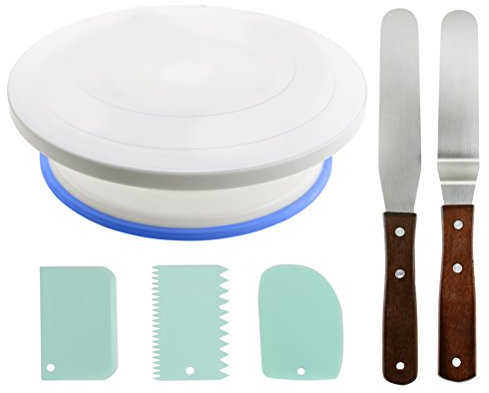 TIMESETL 360 ° Piatto rotante per torta con anello antiscivolo + 2 pz Spatole in acciaio inox + 3 pezzi Pallet per pasticceria in plastica Cake Decorating Stand 28/23/ 13cm