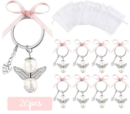 ABSOFINE 20 Stück Schutzengel & 20 Organza Beutel Gastgeschenke Rosa Gäste Anhänger Perlenengel für Hochzeit Taufe Weihnachten Geburtstag Konfirmation Geschenk