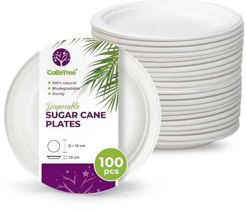 GoBeTree 100 assiettes jetables rondes en bagasse de canne à sucre blanches de 15 cm. Assiettes en papier jetables extra-résistantes, pour camping, pique-niques, fêtes, barbecues, anniversaires