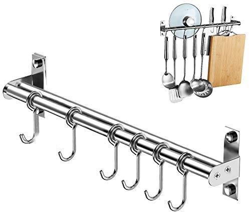 TEESIN Hakenleiste Küche Edelstahl, Hängeleiste Küchenreling Selbstklebend ohne Bohren mit 6 Haken, 40cm