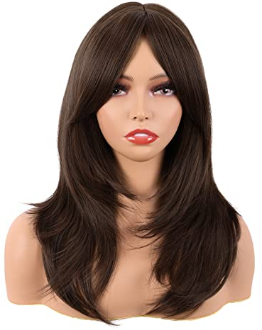 MapofBeauty 20 Inch/50 cm Long Layered With Bangs Straight Synthetic fiber Shoulder Length Hair for Daily Use or Party Wig (Brown)