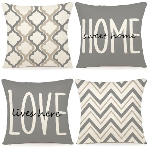 YCOLL Farmhouse Throw Pillow Covers 18x18 Set of 4 Rustic Linen Square Decorative Cushion Covers for Couch Sofa Bedroom Home Decor