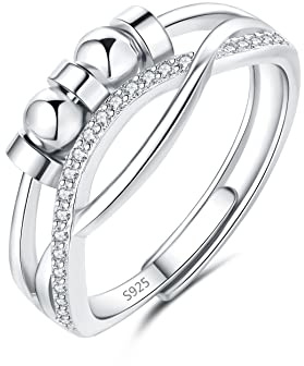 Cangall Silver Ångestringar, 925 sterling silver kvinnor ångestringar, öppen justerbar anti-stressringar, spinner fidgetring dekompressionsringar, oändlighet mindfuletsring med pärlor och zirkonia,