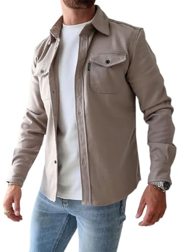 LXURY Veste chemise boutonnée pour hommes, manteau de travail en coton, surchemise boutonnée, coupe ajustée à manches longues pour hommes (Apricot,M)