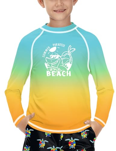 Jungen Atmungsaktiv UV Shirt Langarm Rundhals UPF 50+ Schnelltrocknend Rashguard Beach Grün Orange 120