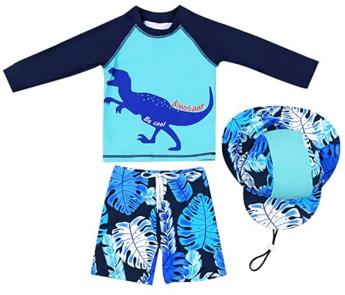 AIWUHE Jungen Kinder Badeanzug Dinosaurier 2er Set Rashguard Langärmliges Top+Badeshorts Uv-Schutz Schwimmanzug mit Hut Bananenblattdrache 150