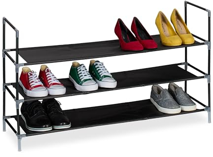Relaxdays Schuhregal, 3 Ebenen, HBT: 58x100x28 cm, Metall Schuhablage, Stoff Ablage, Schuhgestell, schwarz/transparent