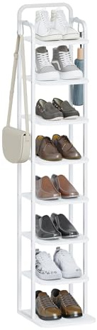 Hzuaneri Vertical Shoe Rack for Small Spaces, White | 8-Tier, 26.5 cm Wide, Wood Shoes Organizer with 2 Hooks for Closet, Entryway, Freestanding, SR04313W