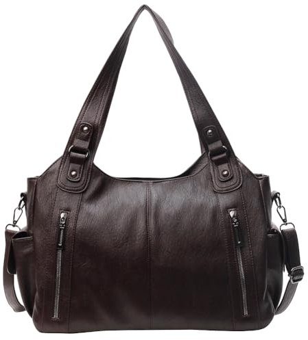Generish Sac à main pour femme - En cuir souple - Grand sac de shopping - Uni - Vintage - Marron - Pour le travail, l'école, les voyages, marron foncé