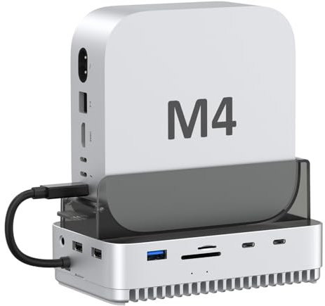 AKKYAJAURE Vertical Station Mac Mini M4 M.2 NVMe USB4 SSD Enclosure 40Gbps USB-C Hub Aluminum Fins Dual Host USB-C Ports SD/TF 4.0 USB