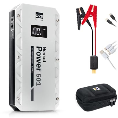 GYS, Nomad Power 501, Démarreur/Booster Batterie Lithium Portable 1500A, Véhicules 12V (Moto, Voiture), Démarrage Sécurisé, Batterie Externe 5.25Ah (PowerBank), Lampe LED, Ecran LCD
