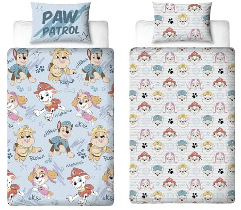 Paw Patrol Official Single Childs Duvet Cover Set | Sketchy Design Reversible 2 Sided Blue Bedding Including Matching Pillow Case with Rubble, Chase, Marshall and Skye