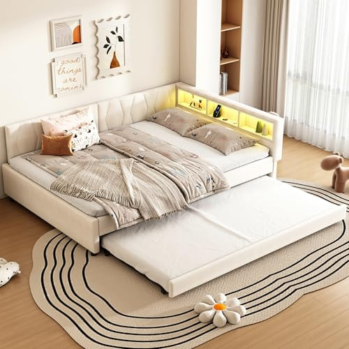 Dolamaní Cama nido de 140 x 200 cm con LED y USB + tipo C, cama de día extensible con somier, cama de matrimonio para niños, cama funcional de lino sin colchón (beige B)