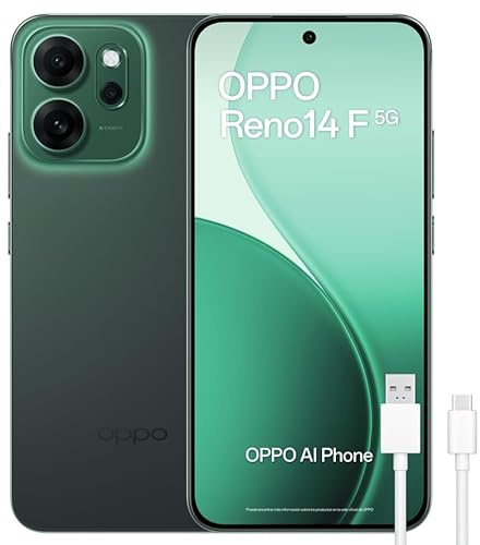 OPPO Reno14 5G – Smartphone Libre con IA, 8GB RAM + 256GB, Cámara Triple 50MP, Batería 6000mAh, Carga Rápida 45W, Pantalla AMOLED 120Hz, IP69, Dual SIM, Android, Versión Española - Luminous Green
