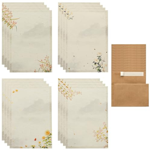 Floral Letter Writing Paper and Envelopes Set, 32 Vintage Stationery Paper Sheets & 16 Kraft Peel & Seal Envelopes, Printer Friendly Letter Writing Sets for Greeting Cards, Party Invitations, Gifts